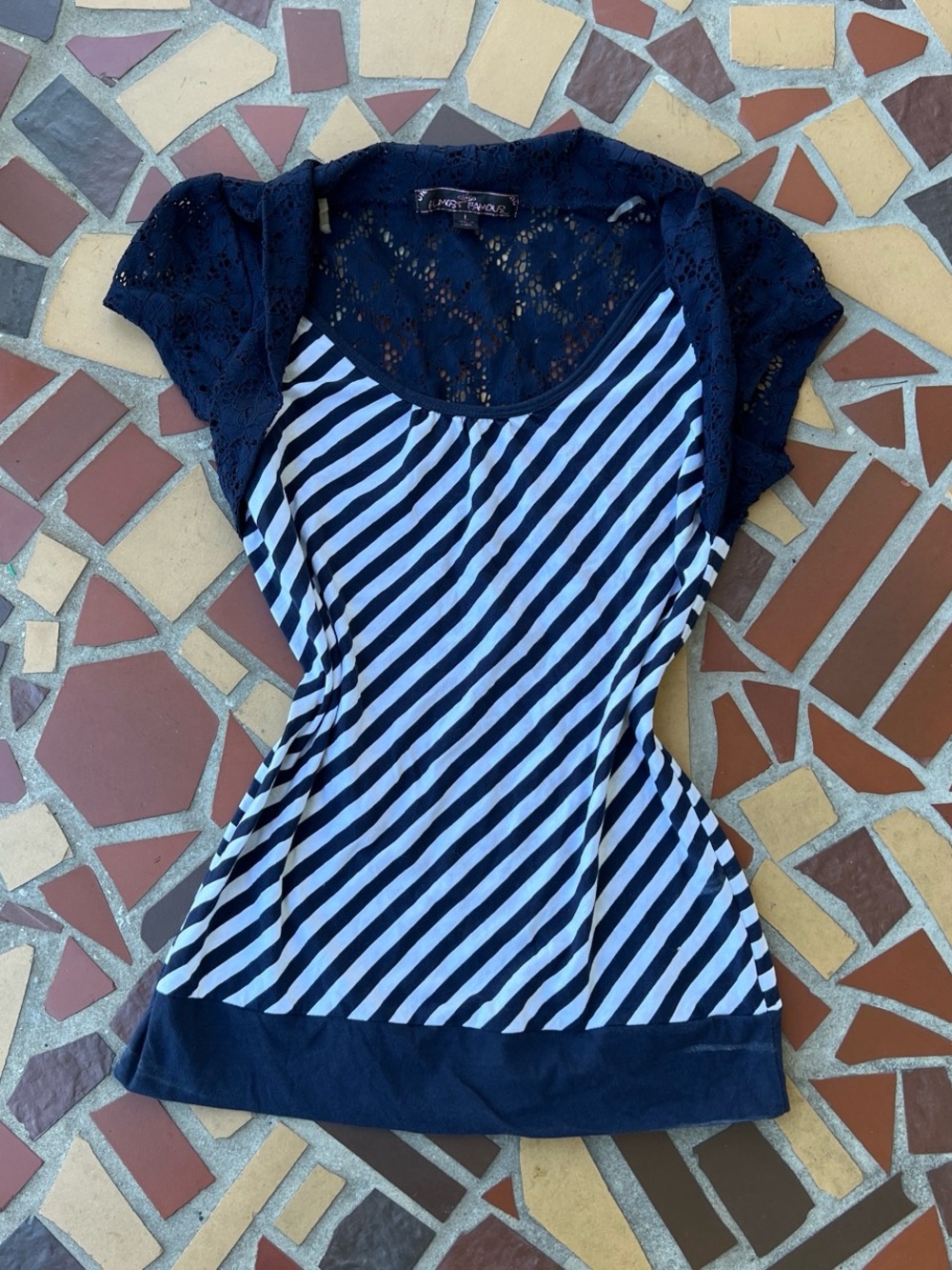 Almost Famous Navy & White Lace-Back Striped Scoop Top